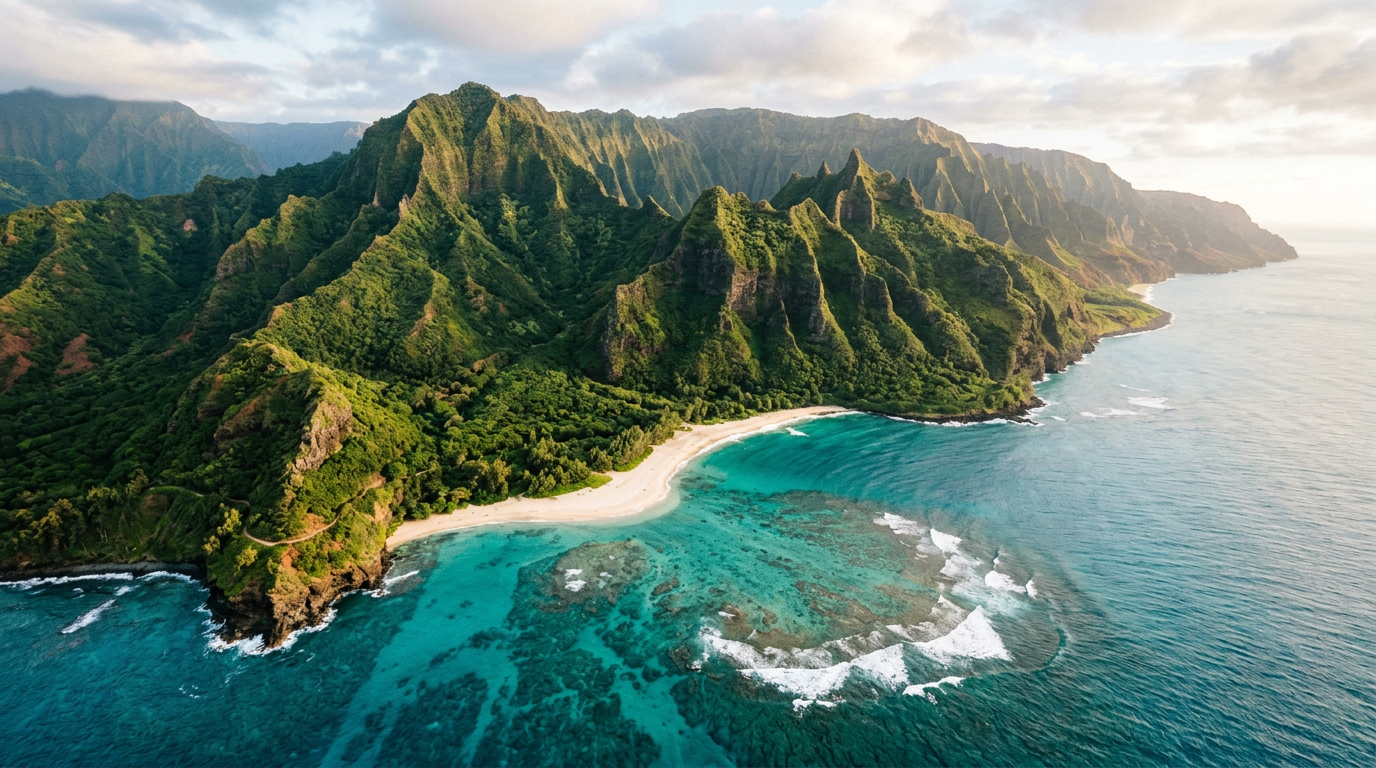 Lush green mountains meeting a turquoise bay along the Hawaiian coastline
