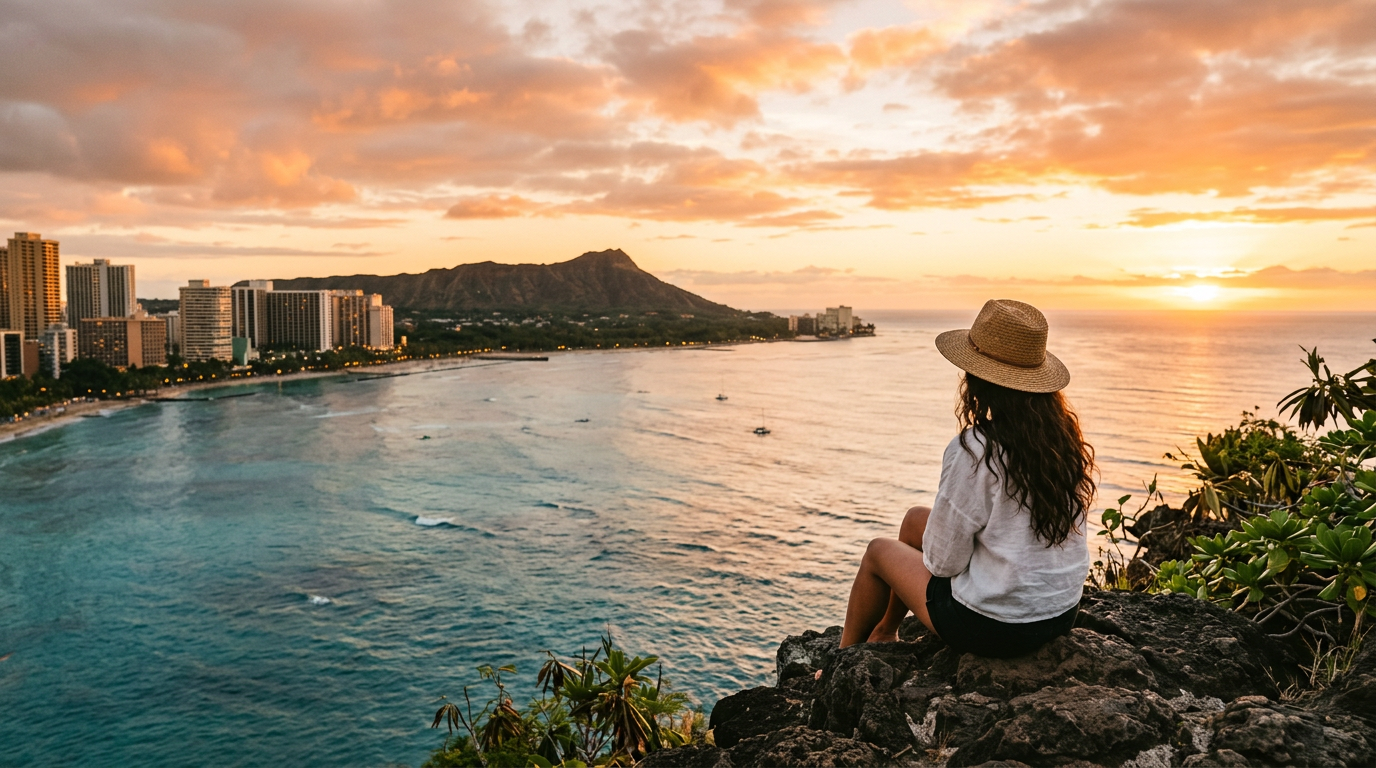A traveler in a straw hat watching the sunset over Diamond Head and the Pacific