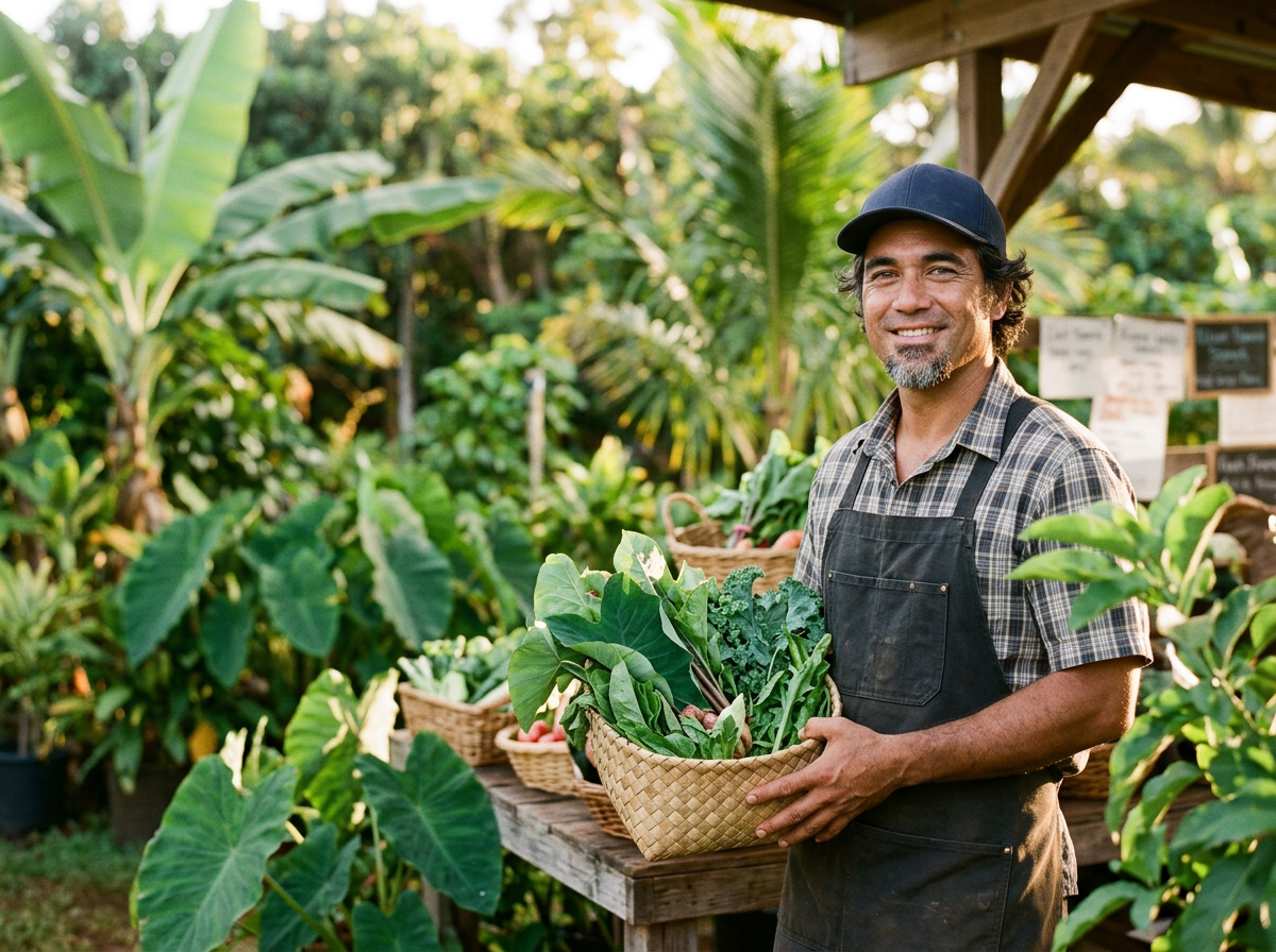 A smiling local farmer holding fresh greens at his stand